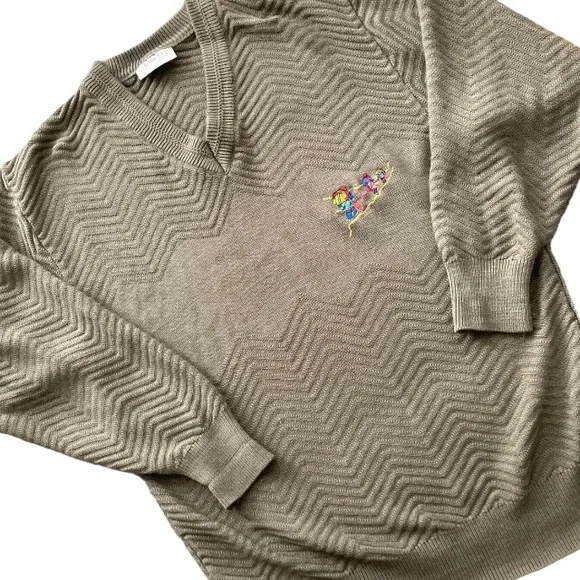 Vintage Gabicci Mens Wool Mix Jumper Taupe M Mountaineering Motif Pullover Retro - Picture 6 of 8